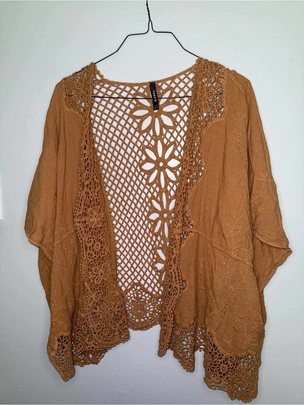 Torrid brown boho Crochet-Back Open Kimono Cardigan